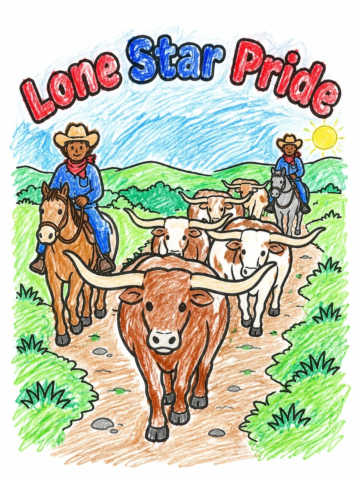 Colored example of the Texas Longhorn Cattle Drive coloring page