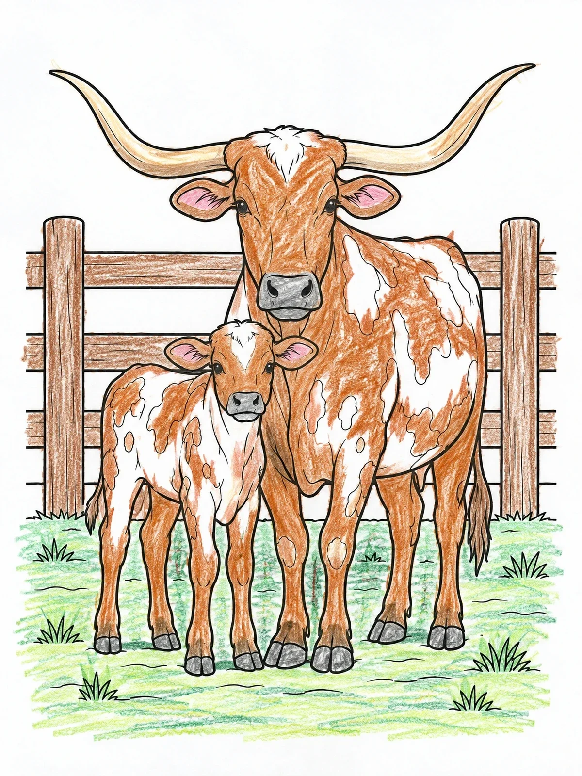Colored example of the Texas Longhorn Cow And Calf coloring page