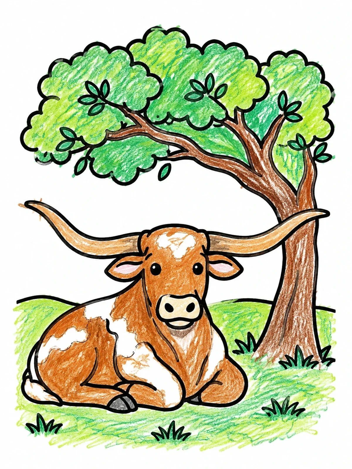 Colored example of the Texas Longhorn Resting Under A Tree coloring page