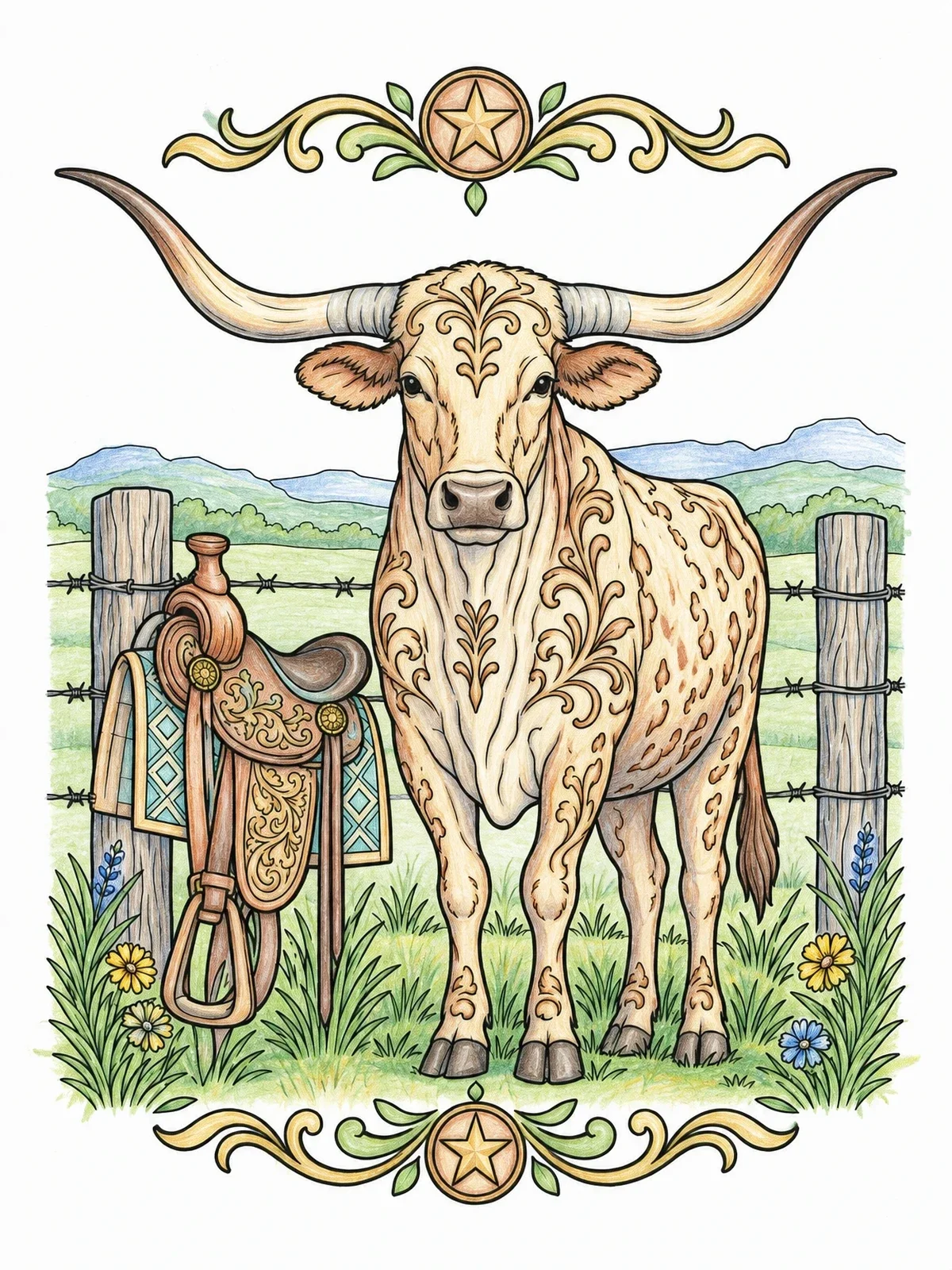 Colored example of the Texas Longhorn With Western Saddle coloring page