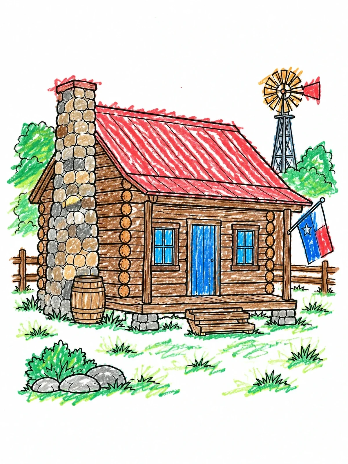 Colored example of the Texas Pioneer Cabin And Windmill coloring page