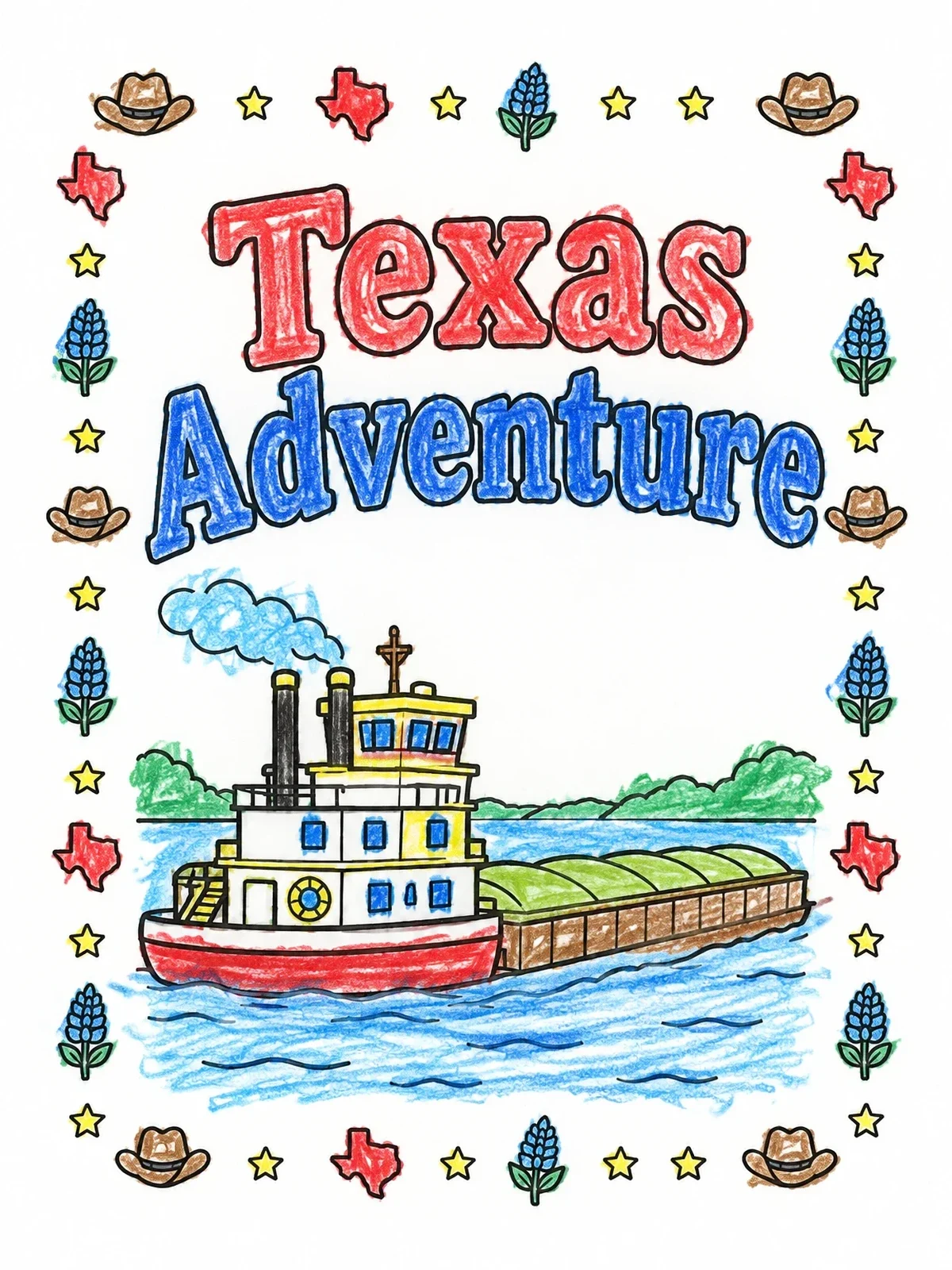 Colored example of the Texas Riverboat Barge Adventure coloring page