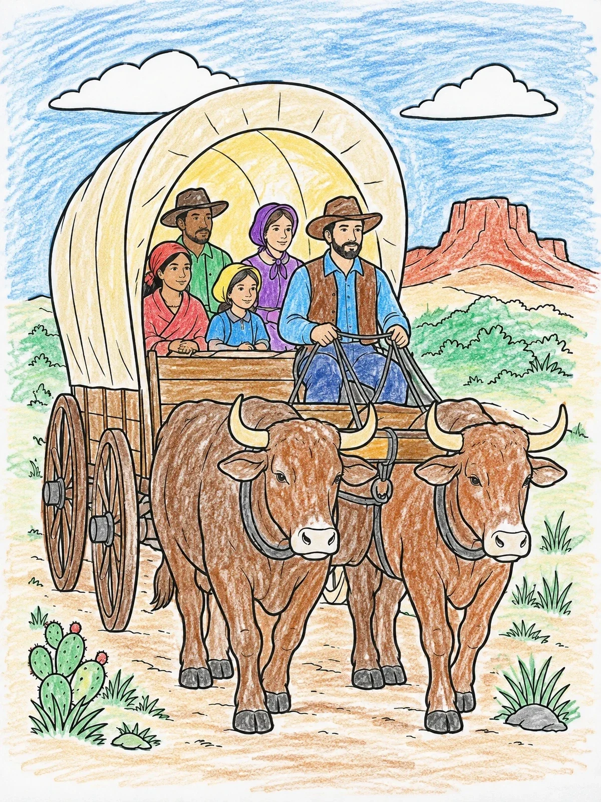 Colored example of the Settler Family In Covered Wagon coloring page