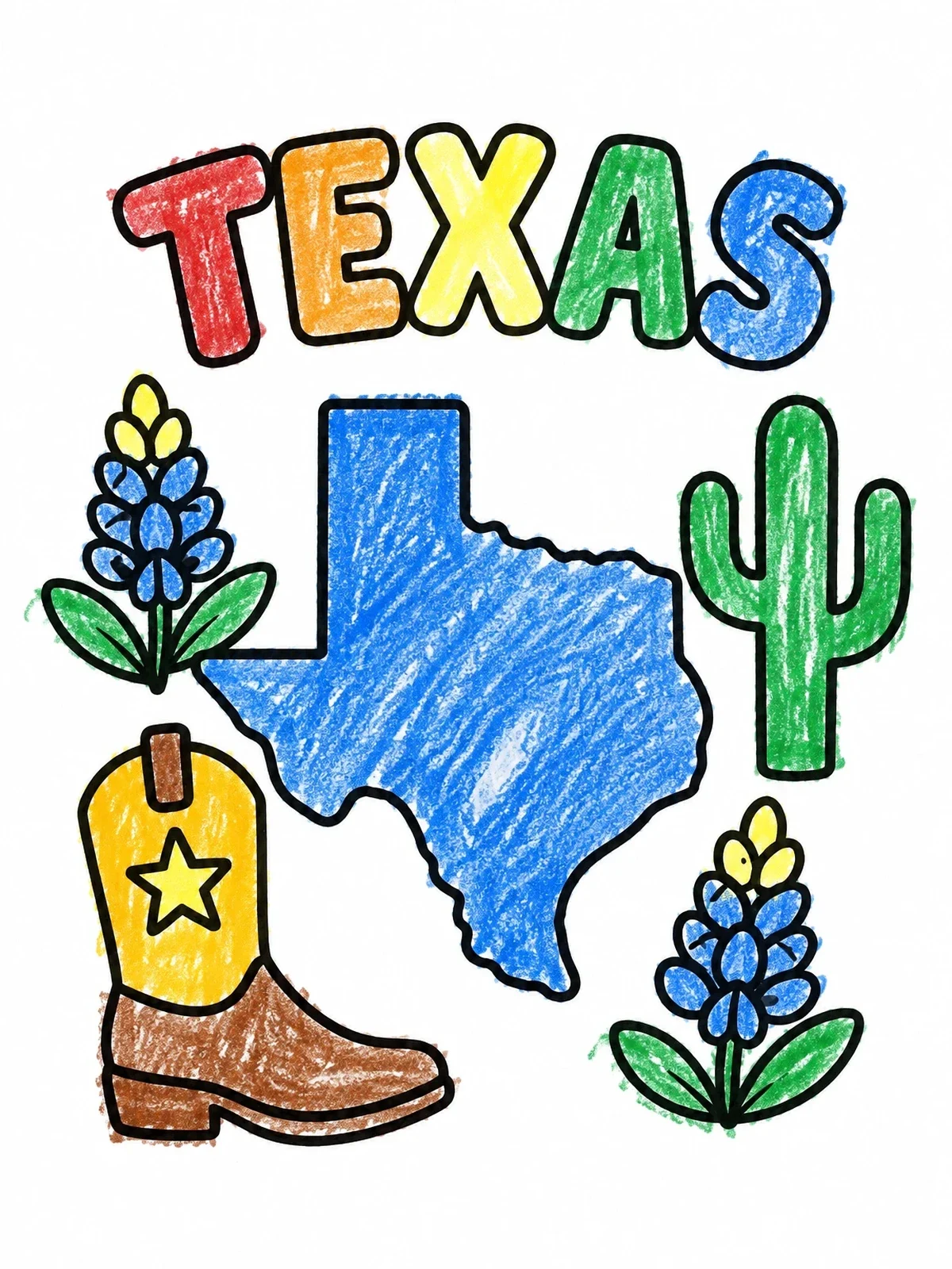 Colored example of the Texas State Map And Symbols coloring page