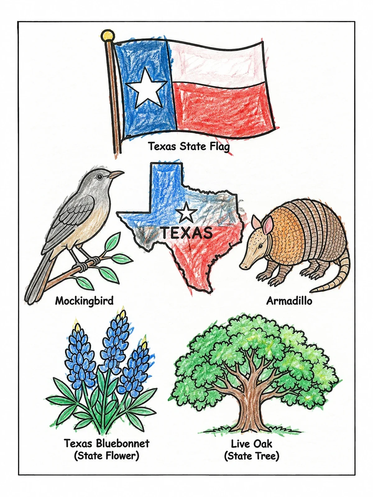 Colored example of the Texas State Symbols And Map coloring page