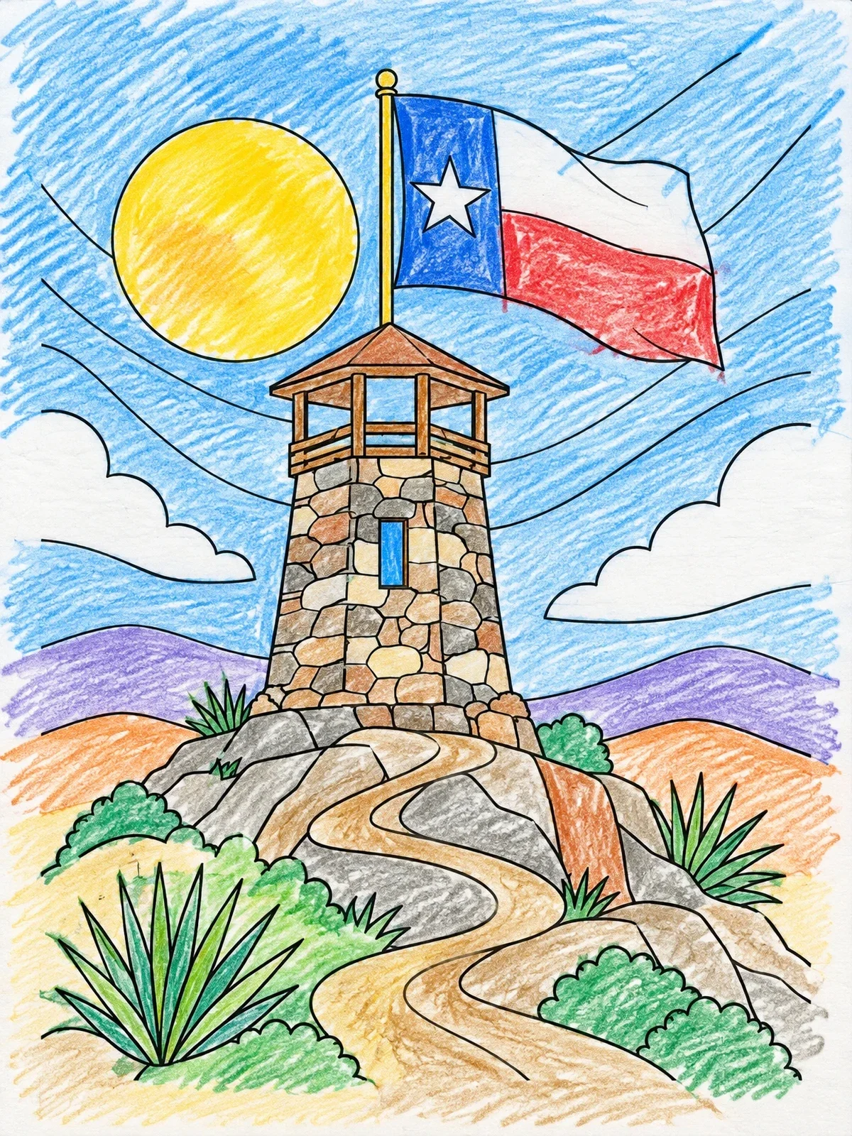 Colored example of the Texas Stone Lookout Tower On Hill coloring page