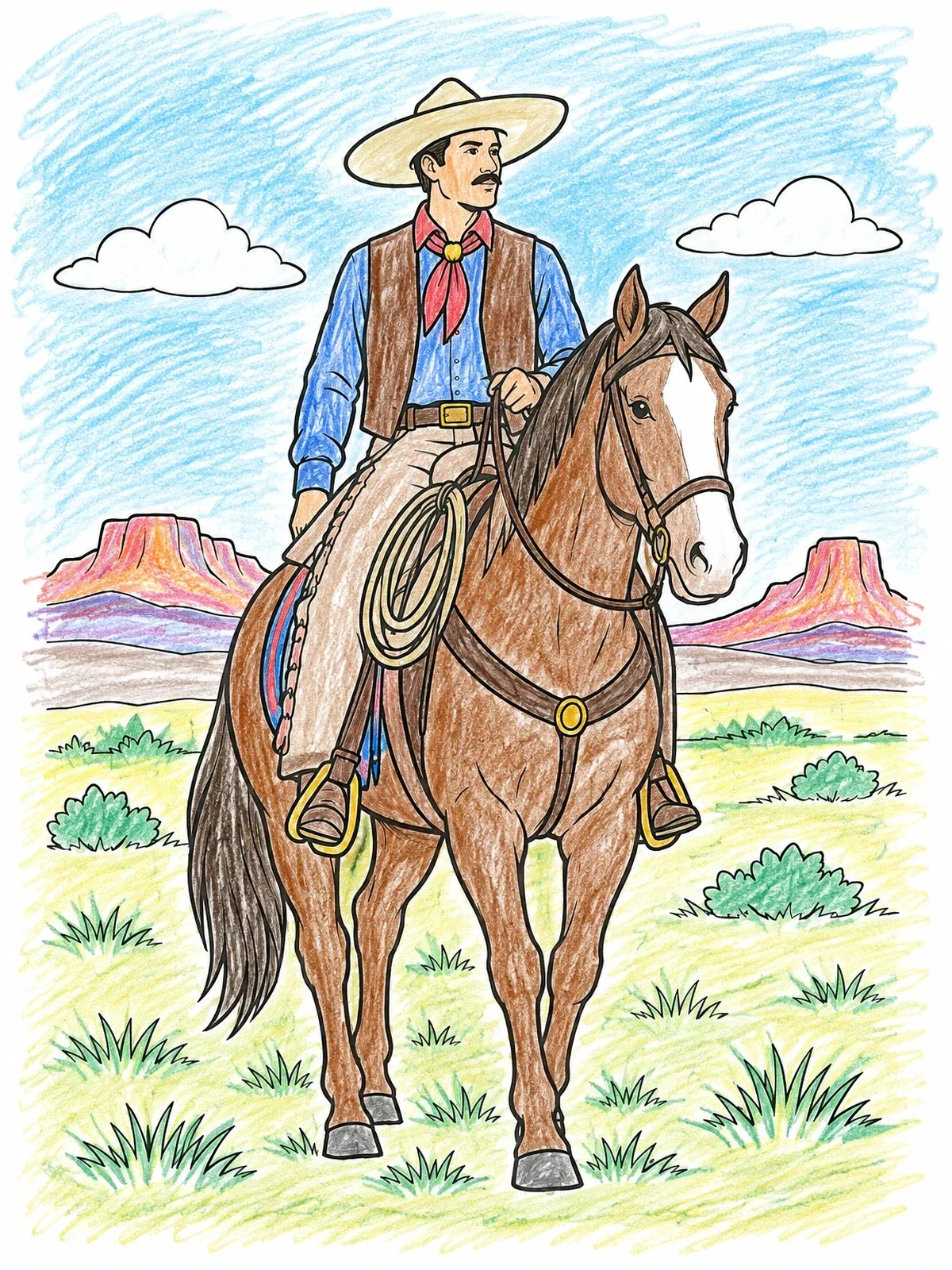 Colored example of the Vaquero Riding On The Open Range coloring page