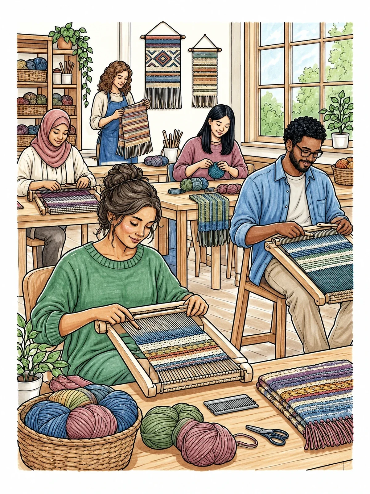 Colored example of the Textile Weaving Workshop In Classroom coloring page