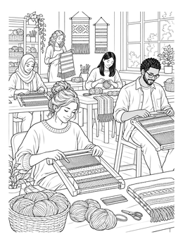 Students practice yarn crafts in this detailed weaving coloring page.