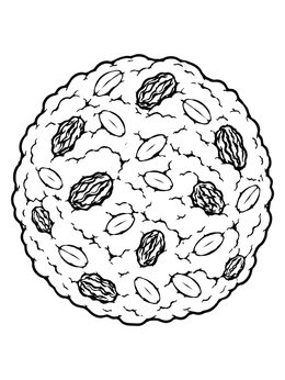 A textured oatmeal raisin cookie coloring page with rolled oats and wrinkled raisins.