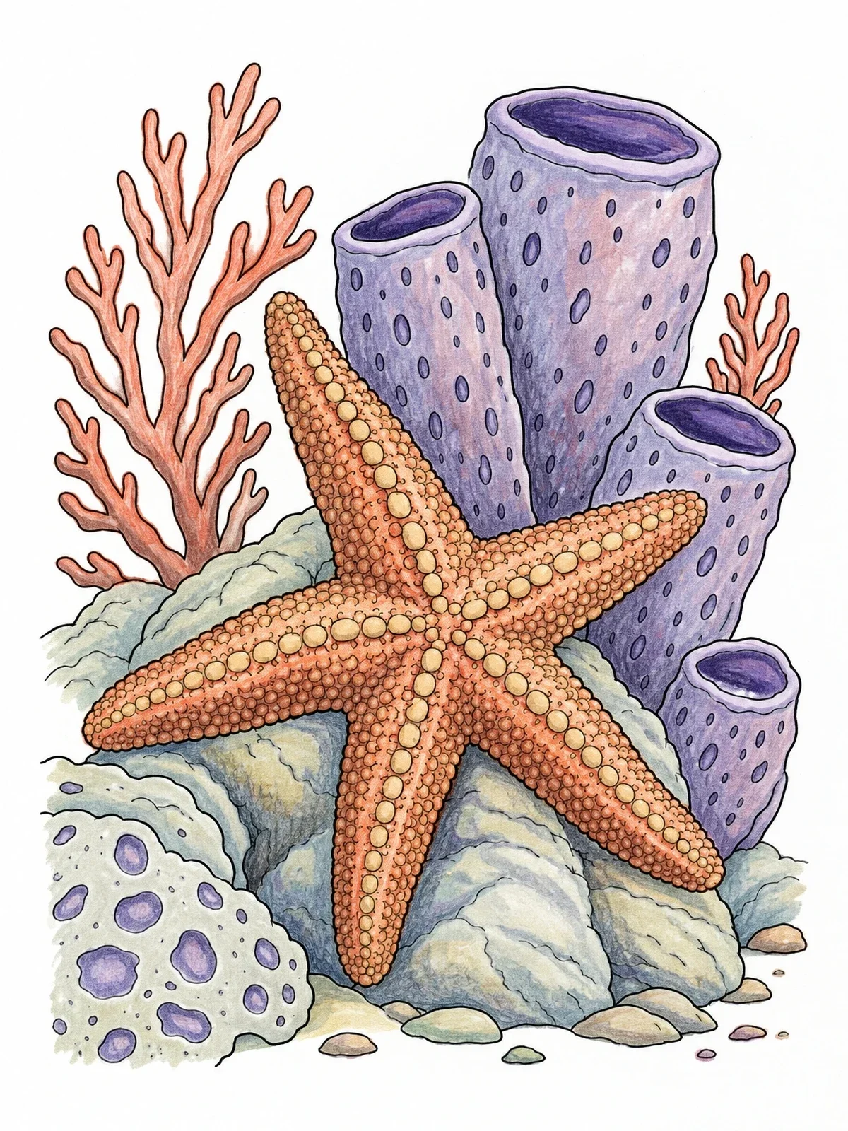 Colored example of the Textured Starfish On Sea Sponges coloring page