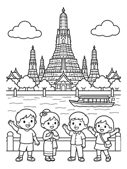 Free printable Children Visiting Wat Arun Riverside coloring page