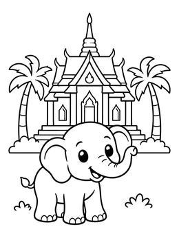 Free printable Cute Elephant At Thai Temple coloring page