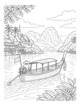 A peaceful river scene with a traditional boat on this thailand coloring page.