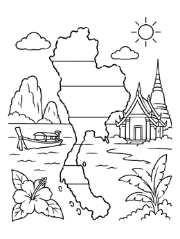 Free printable Thailand Map With Temple And Longtail Boat coloring page