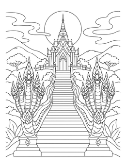 A grand staircase with multi-headed serpents in this thailand coloring page.