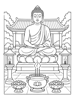 A seated Buddha statue in this thailand coloring page with incense burners and lotus flowers.