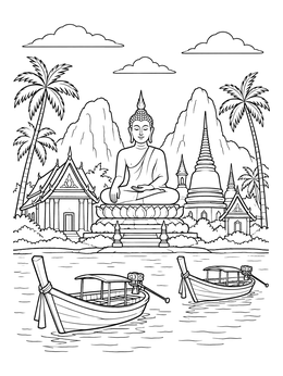 Free printable Thai Buddha Statue And Longtail Boats coloring page