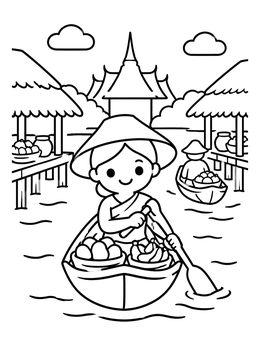 Free printable Thai Floating Market Canal Scene coloring page