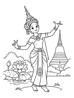 Free printable Traditional Thai Dancer Near Pagoda coloring page