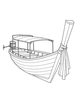 A detailed thai coloring page featuring a traditional wooden longtail boat with ribbons.