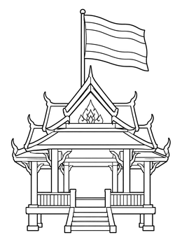 A traditional Thai wooden pavilion with a waving flag in this thailand coloring page.