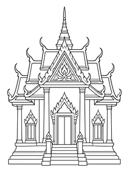 A detailed multi-tiered pavilion on this thailand coloring page with ornate roof finials.