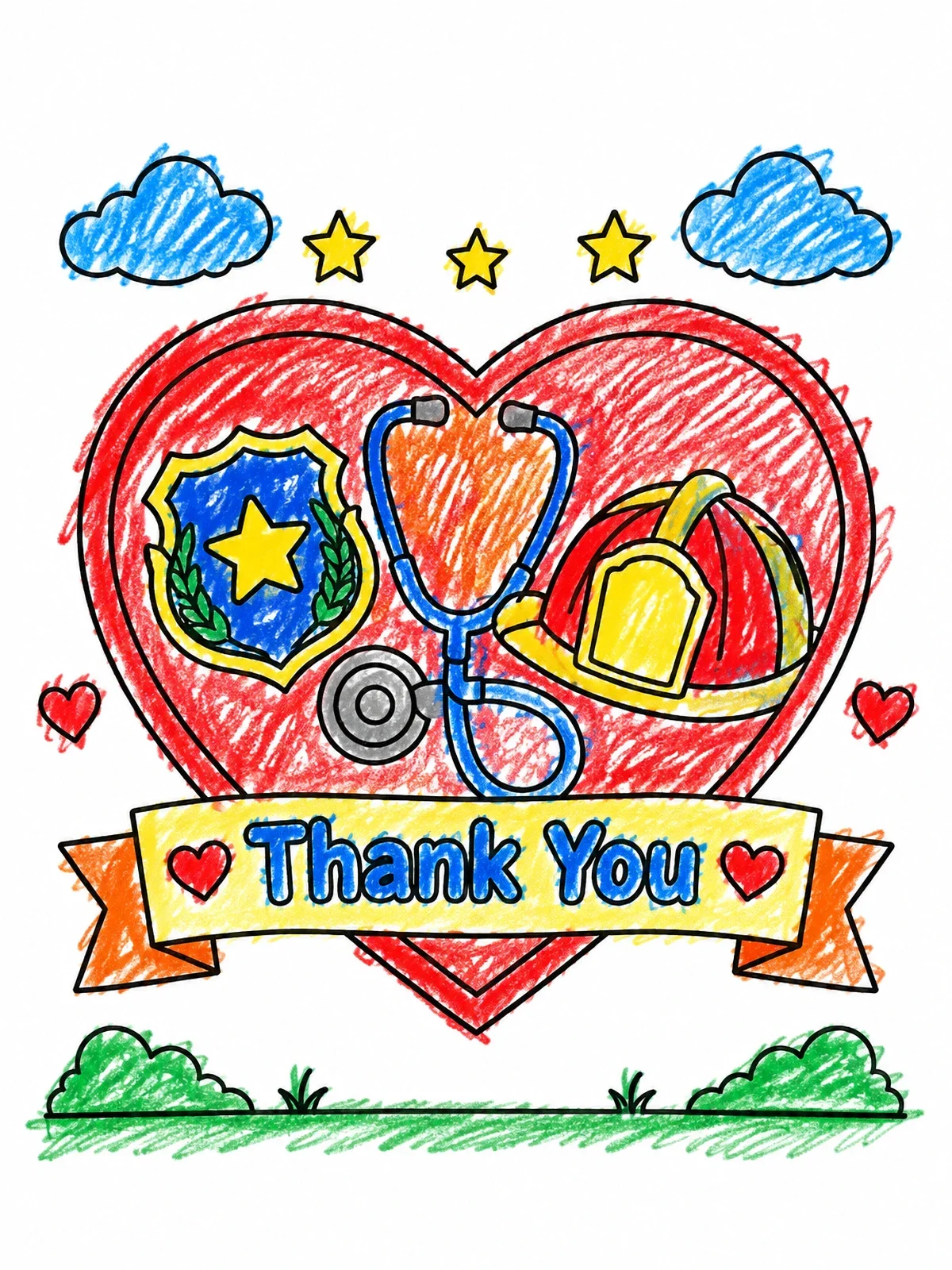 Colored example of the Thank You First Responders Heart coloring page