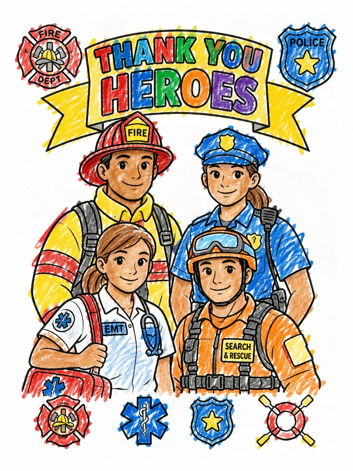 Colored example of the Thank You First Responders Team coloring page
