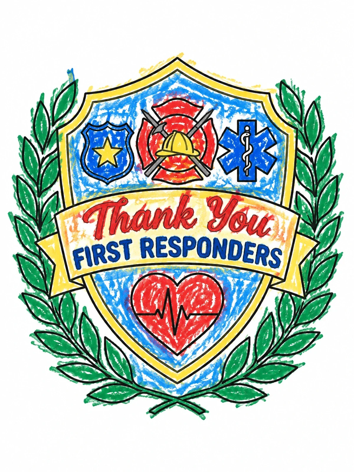 Colored example of the Thank You First Responders Shield Emblem coloring page