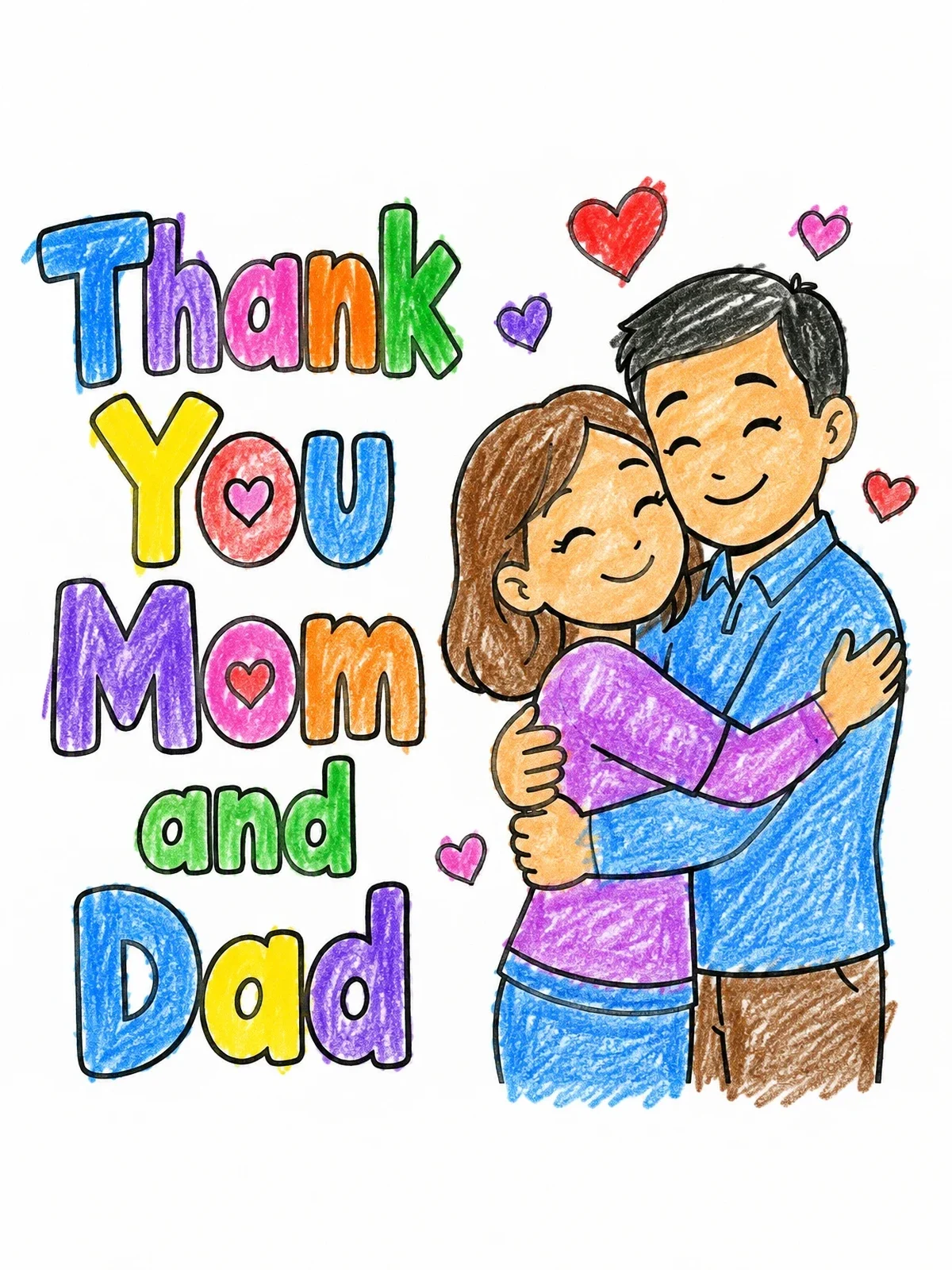 Colored example of the Thank You Mom And Dad Hug coloring page