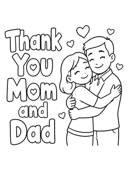 A sweet mom and dad coloring page with parents hugging and hearts.