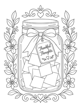 A gratitude coloring page showing a glass jar with blank paper slips and floral borders.