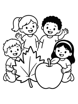 Free printable Children With Autumn Leaf And Apple coloring page