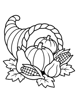 Free printable Harvest Cornucopia With Pumpkins And Corn coloring page
