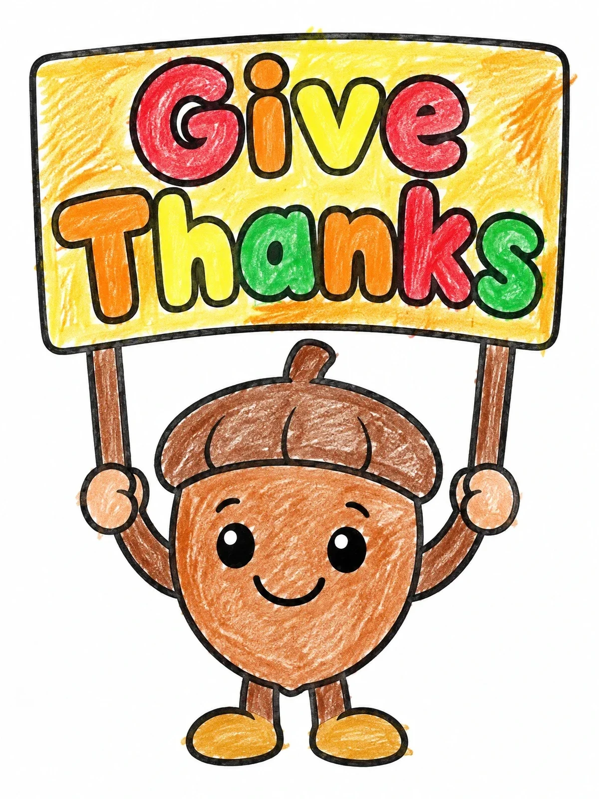 Colored example of the Cute Acorn Holding Give Thanks Sign coloring page