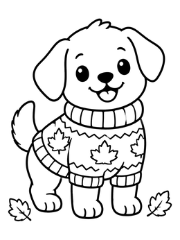 A cheerful puppy in a leaf sweater on this thanksgiving dog coloring page.