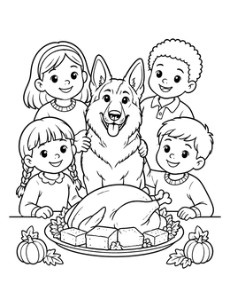 A German shepherd and four smiling kids gather around a roast turkey in this thanksgiving dog coloring page.