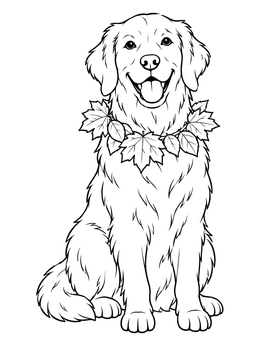 A cheerful retriever wears an autumn wreath in this thanksgiving dog coloring page.