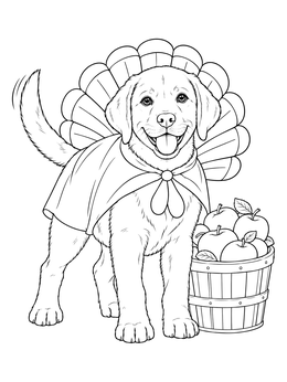 A cheerful puppy wears a festive cape in this thanksgiving dog coloring page beside a basket of apples.