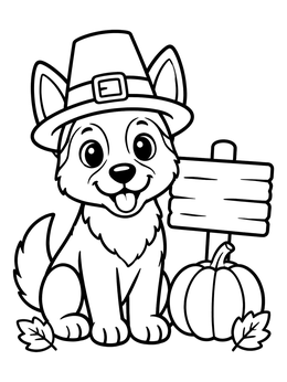 A cute thanksgiving dog coloring page with a puppy wearing a pilgrim hat next to a pumpkin.