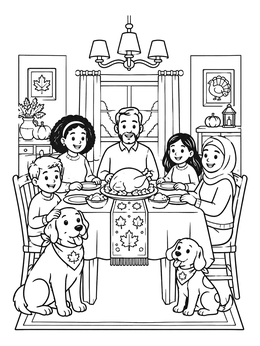 Free printable Family Thanksgiving Dinner With Dogs coloring page
