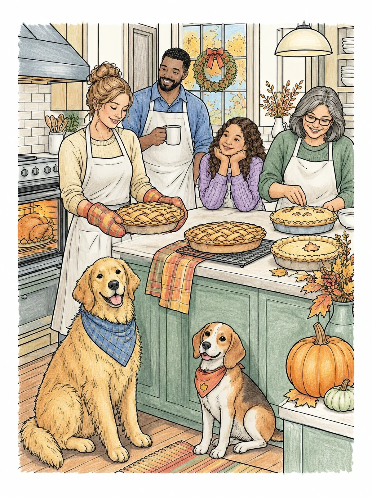 Colored example of the Family Baking Thanksgiving Pies With Dogs coloring page