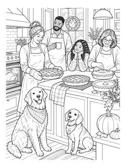 Free printable Family Baking Thanksgiving Pies With Dogs coloring page