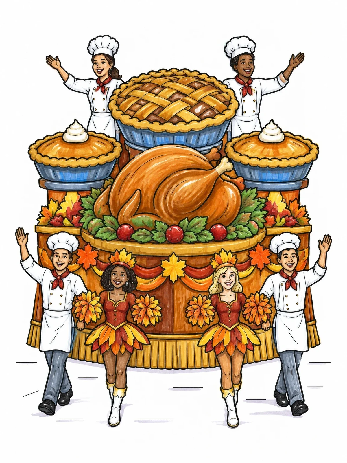 Colored example of the Thanksgiving Feast Parade Float coloring page