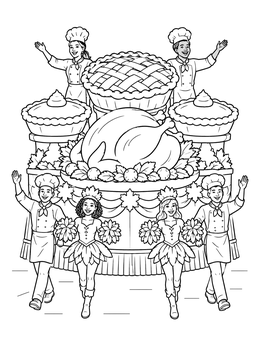 A thanksgiving parade coloring page featuring a giant feast float with chefs and performers.