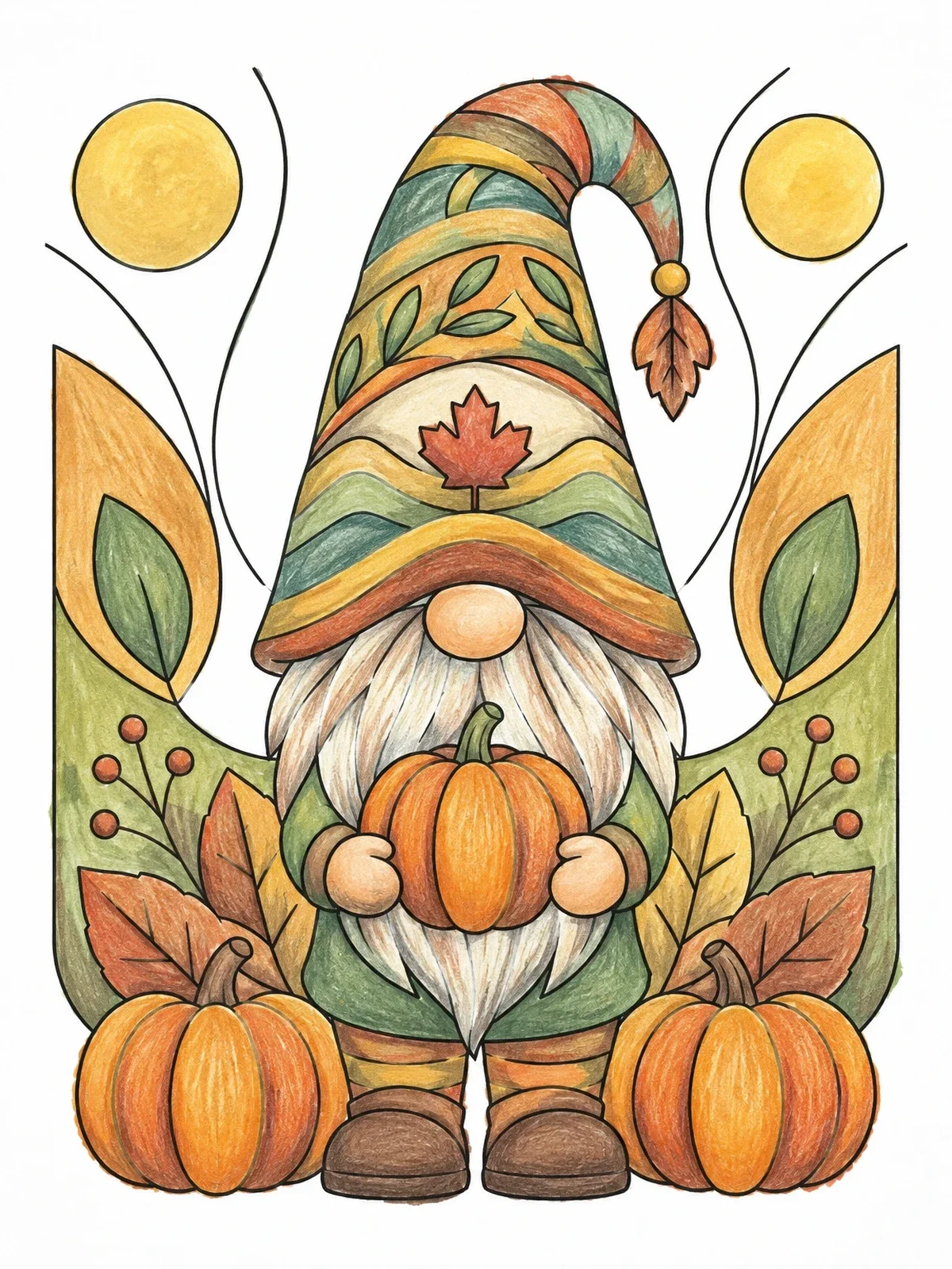 Colored example of the Thanksgiving Gnome With Autumn Pumpkins coloring page