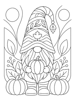 A festive thanksgiving gnome coloring page holding a pumpkin among fall leaves.