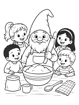 Free printable Baker Gnome And Cheerful Children coloring page