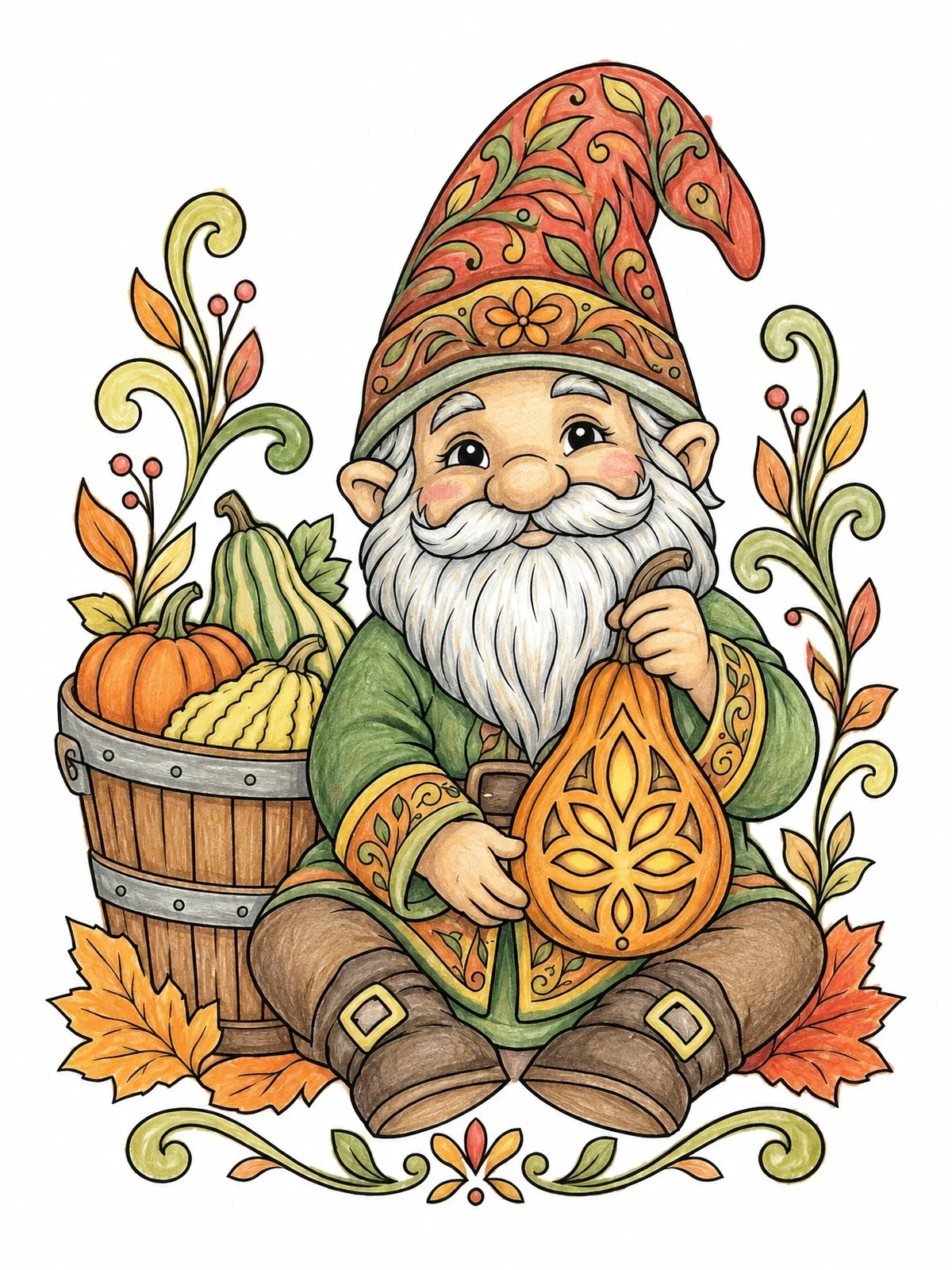 Colored example of the Thanksgiving Gnome With Carved Gourd coloring page